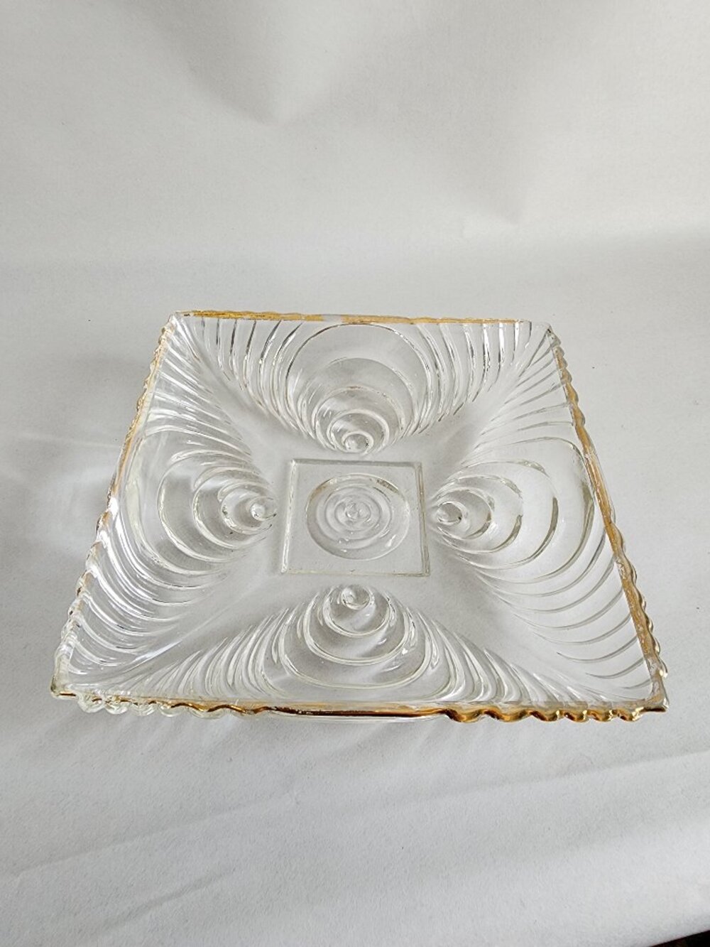 Vintage Candy Dish Hazel Atlas #574 Ripple Gold Trim Square Glass Candy Dish